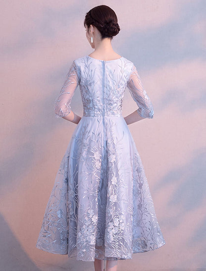 A-Line Elegant Cocktail Party Prom Dress Jewel Neck Length Sleeve Tea Length Lace with Insert Print Appliques