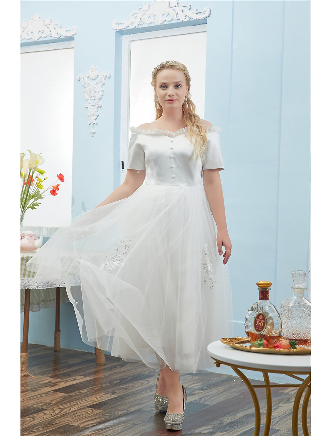 Cocktail Dresses Plus Size Dress hort Sleeve Off Shoulder Tulle with Buttons