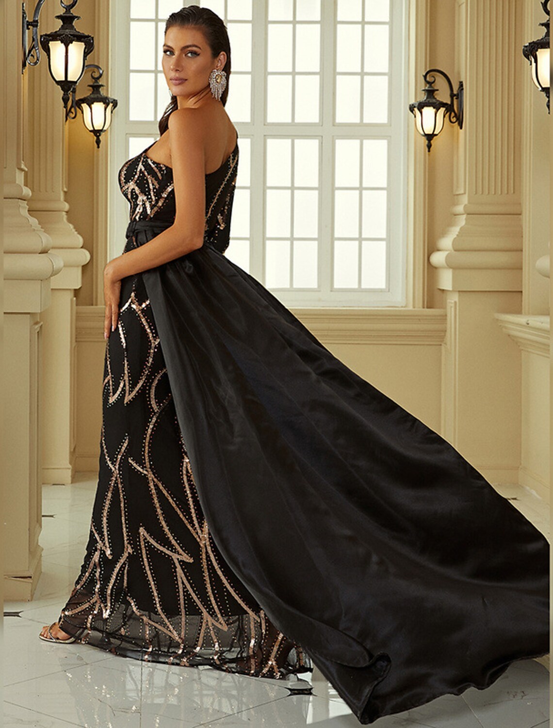 Evening Gown Sexy Dress Formal Long Sleeve One Shoulder with Sequin