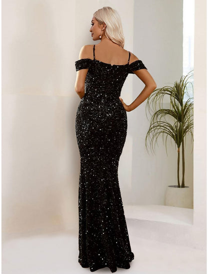 Evening Gown Black Dress Formal Floor Length Short Sleeve Strap Sequined