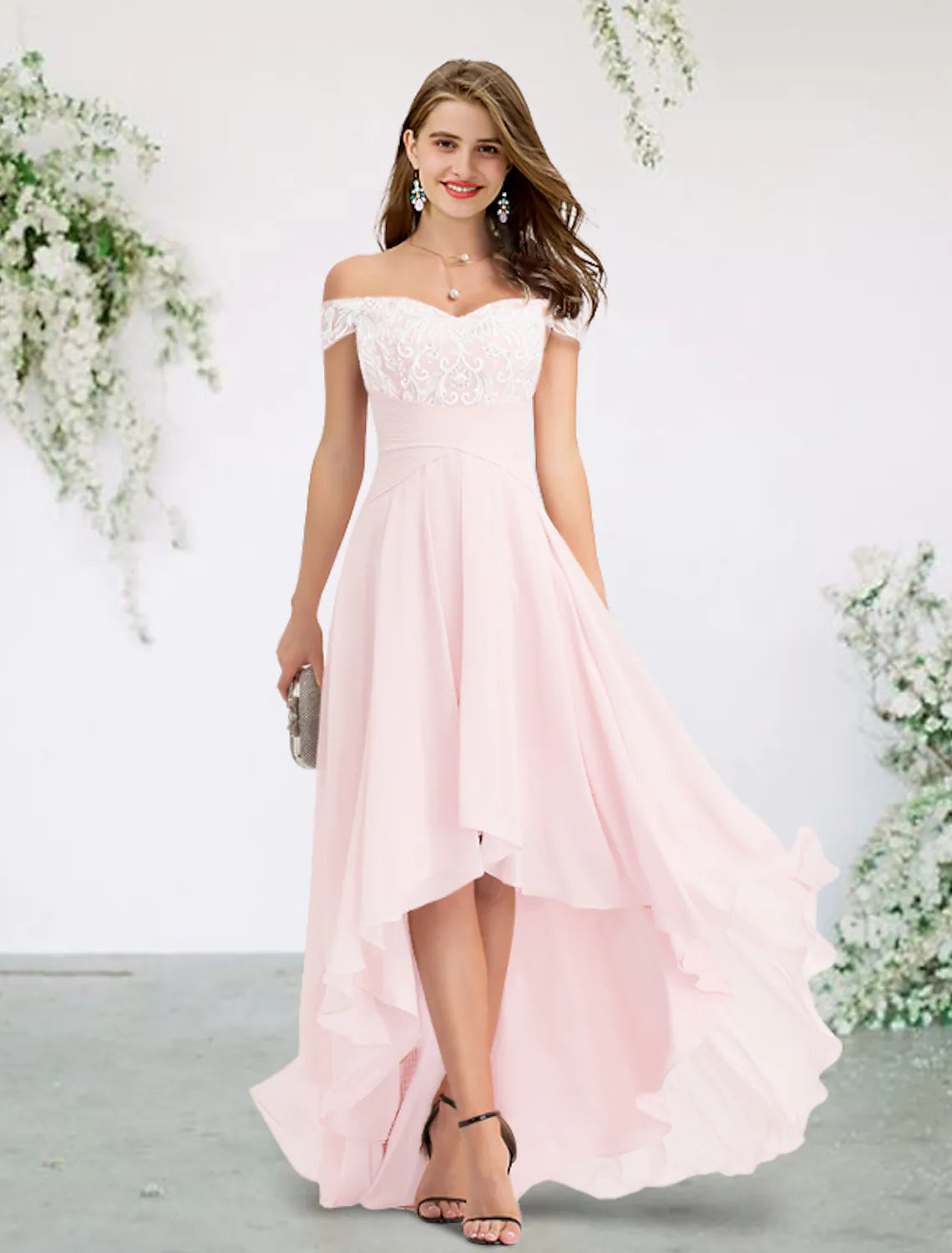 A-Line Bridesmaid Dress Off Shoulder Short Sleeve Elegant Asymmetrical Chiffon Lace Appliques