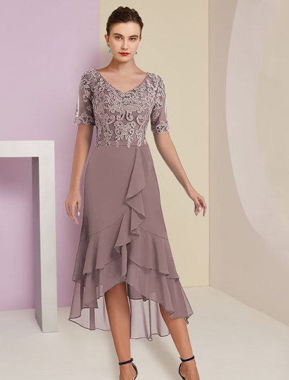 Two Piece A-Line Mother of the Bride Dress Formal Wedding Guest Elegant High Low V Neck Asymmetrical Length Chiffon Lace Short Sleeve Sleeve Wrap Included with Appliques