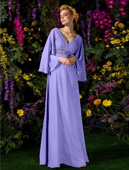 A-Line Mother of the Bride Dress Vintage Inspired V Neck Floor Length Chiffon Long Sleeve with Crystals Beading Side Draping