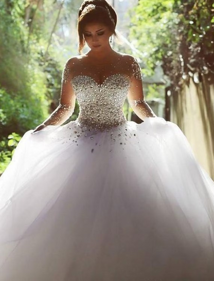 Engagement Formal Wedding Dresses Court Ball Gown Long Sleeve Jewel Neck Satin With Crystals Beading