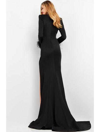Prom Dresses Formal Long Sleeve V Neck Stretch Fabric with Feather Slit