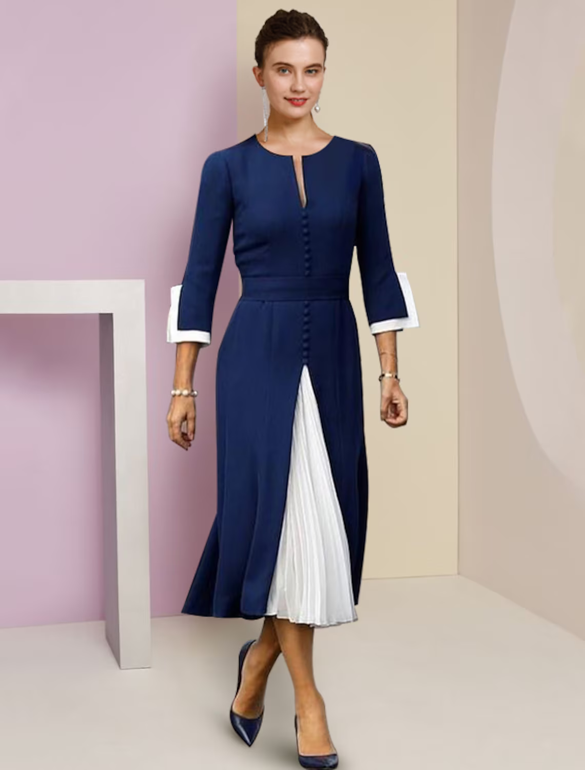A-Line Mother of the Bride Dress Formal Wedding Guest Elegant Scoop Neck Length Stretch Chiffon Length Sleeve with Buttons