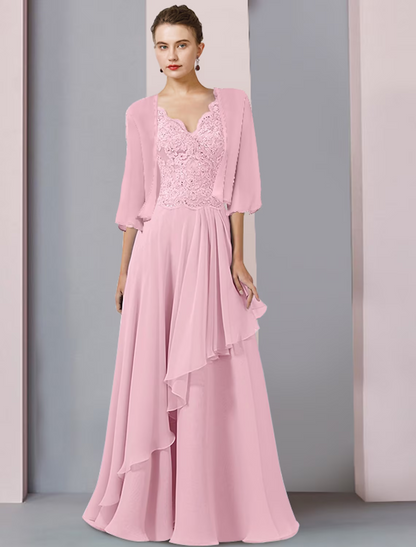 Two Piece A-Line Mother of the Bride Dress Formal Wedding Guest Party Elegant V Neck Floor Length Chiffon Lace Half Sleeve Wrap Included with Beading Sequin Appliques