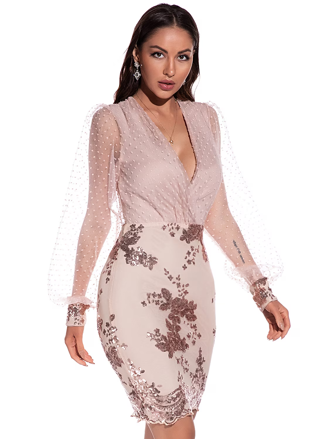 Sexy Holiday Party Wear Dress V Neck Long Sleeve Short Mini Spandex with Sequin