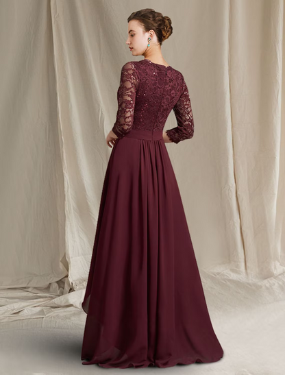 A-Line Mother of the Bride Dress Plus Size Elegant High Low V Neck Asymmetrical Floor Length Chiffon Lace Length Sleeve with Pleats Appliques Crystal Brooch