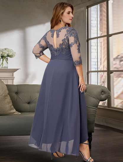 Mother of the Bride Dress Wedding Guest Elegant Asymmetrical Chiffon Lace Sleeve with Pleats