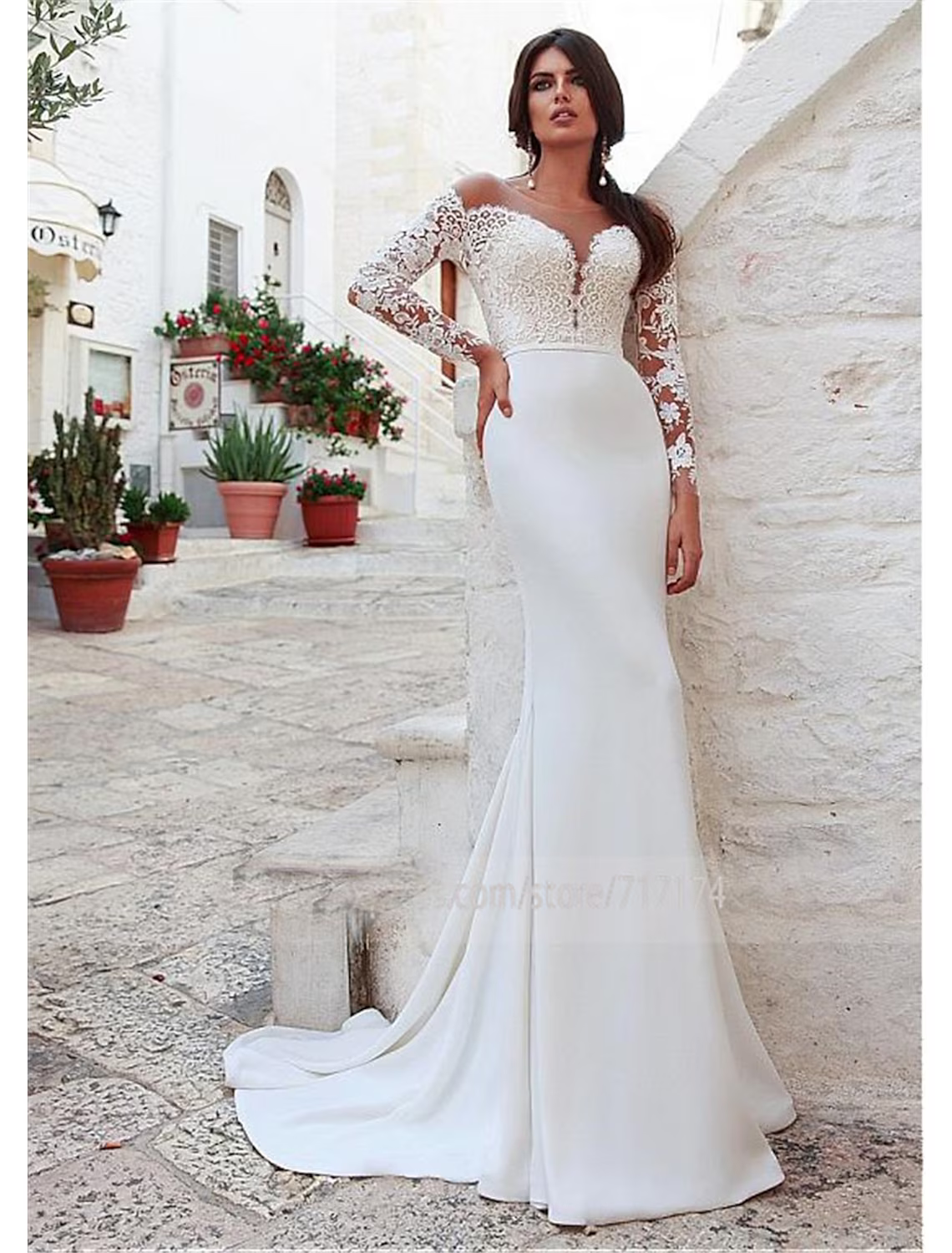 Engagement Open Back Formal Wedding Dresses Long Sleeve Jewel Neck Lace With Appliques