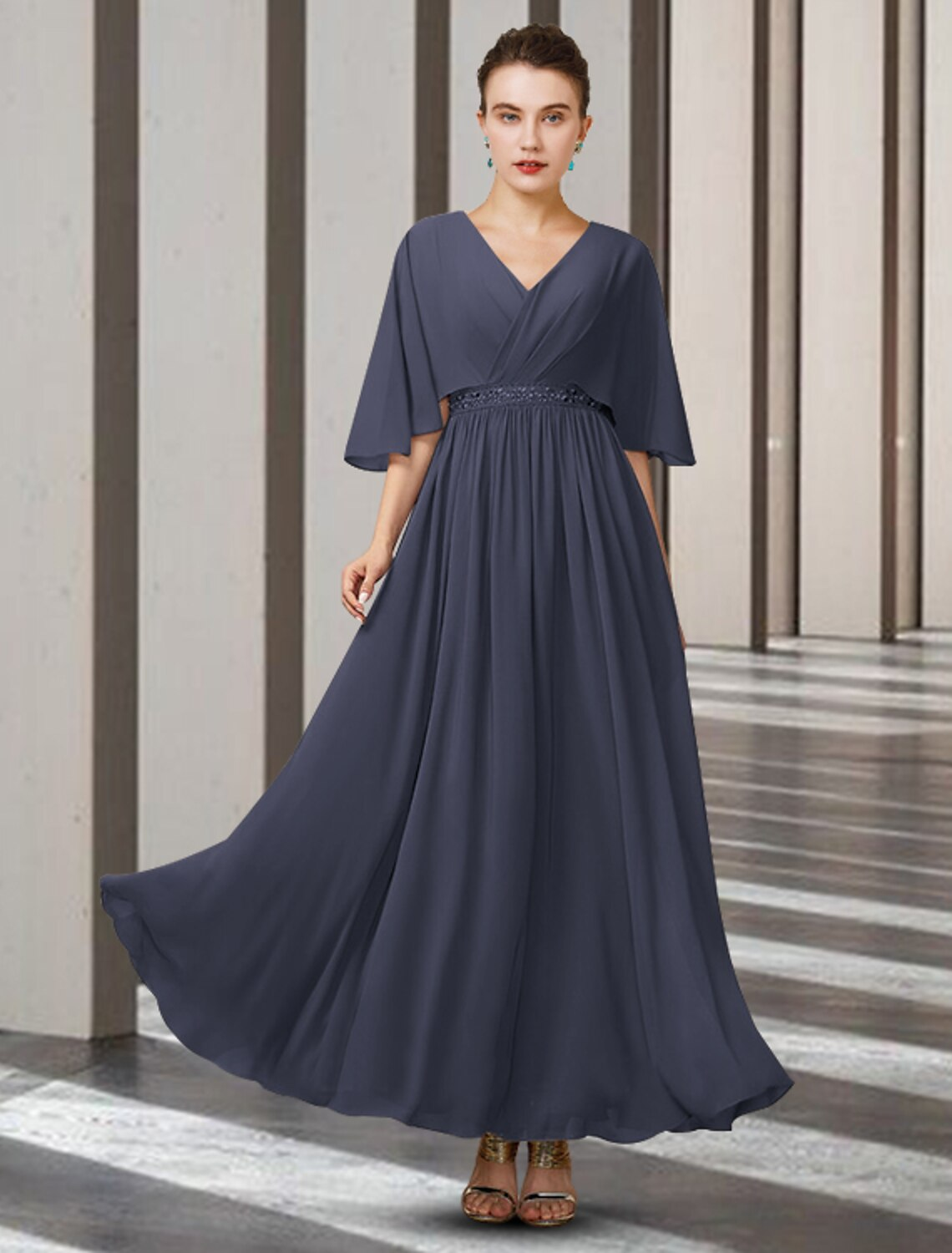 A-Line Mother of the Bride Dress Elegant V Neck Ankle Length Chiffon Half Sleeve with Sash Ribbon Pleats