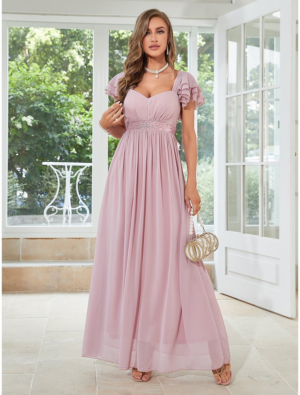 A-Line Wedding Guest Dresses Elegant Dress Party Wear Floor Length Short Sleeve Square Neck Chiffon with Ruffles