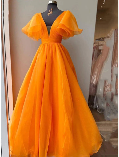 Ball Gown Evening Gown Celebrity Style Dress Wedding Party Floor Length Short Sleeve V Neck Organza with Pleats Ruffles