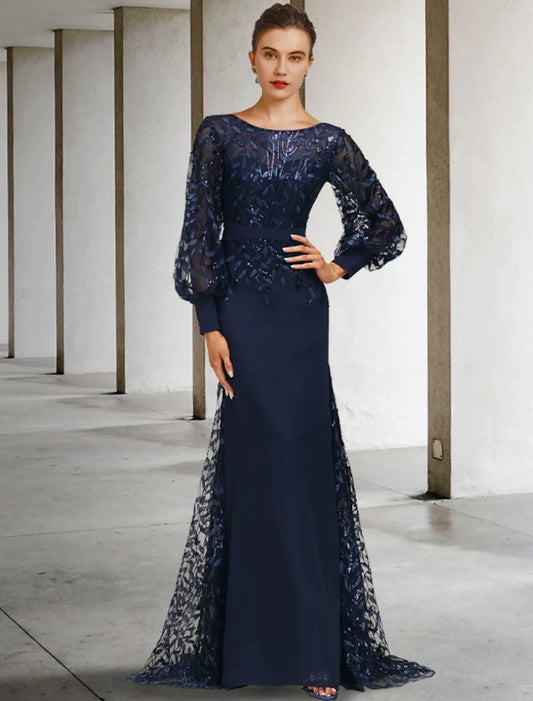 Mother of the Bride Dress Vintage Elegant Chiffon Lace Long Sleeve with Sequin Ruffles