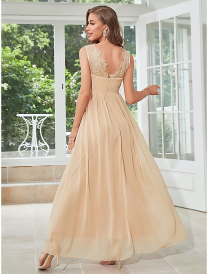 A-Line Wedding Guest Dresses Elegant Dress Party Wear Floor Length Sleeveless V Neck Chiffon with Pleats