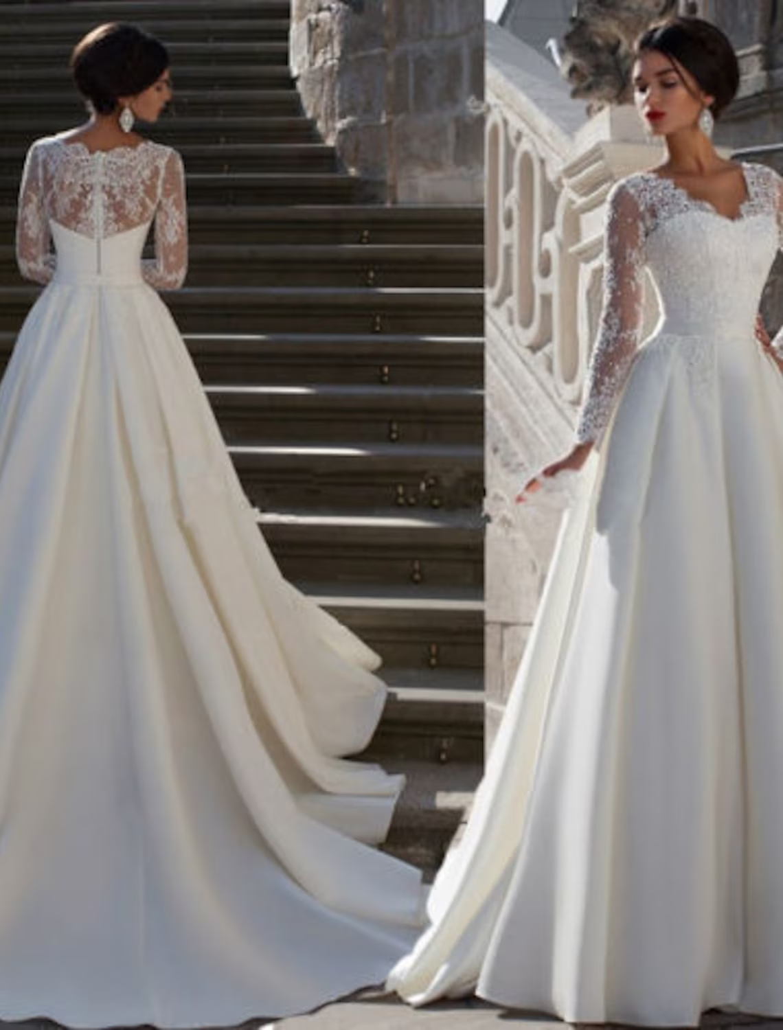 Engagement Formal Wedding Dresses Court Train A-Line Long Sleeve V Neck Satin With Appliques