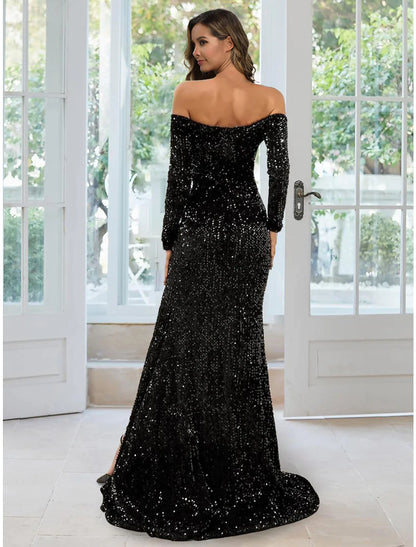 Evening Gown Black Dress Formal Long Sleeve Off Shoulder Sequined with