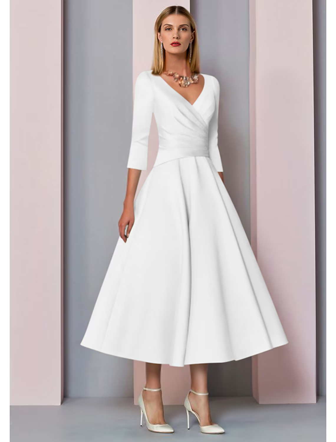 A-Line Mother of the Bride Dress Wedding Guest Vintage Plus Size Elegant V Neck Length Satin 3/4 Length Sleeve with Pleats