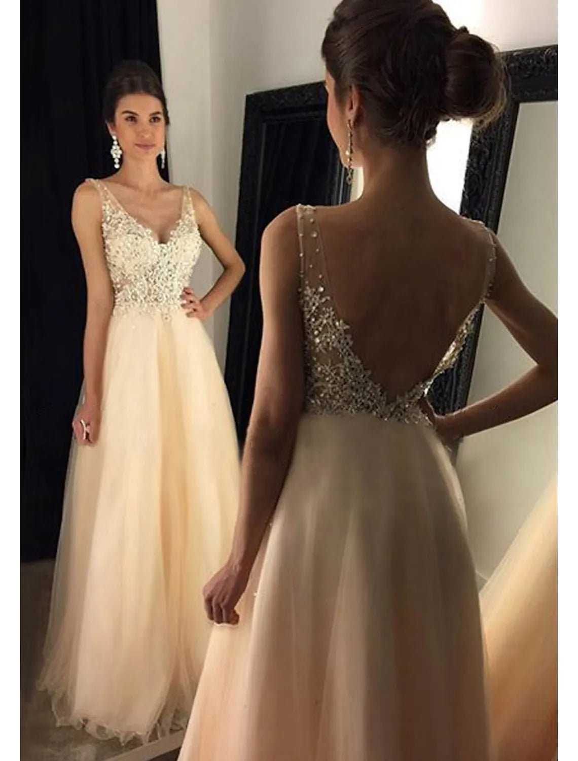 A-Line Prom Dresses Dress Formal Floor Length Sleeveless V Neck Tulle V Back Beading Appliques