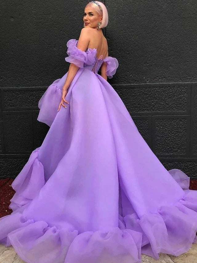 A-Line Prom Dresses Asymmetrical Purple Short Sleeve Off Shoulder Tulle with Tier