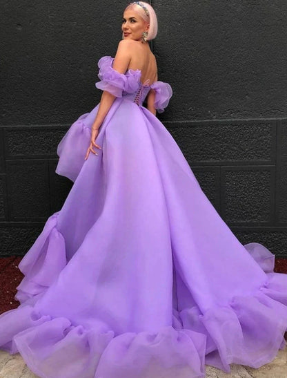 A-Line Prom Dresses High Low Dress Quinceanera Asymmetrical Purple Short Sleeve Off Shoulder Tulle with Tier