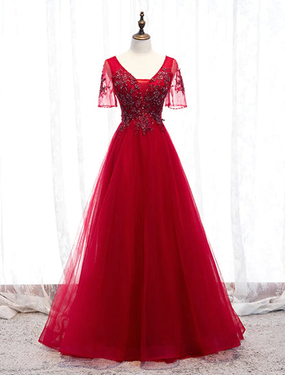 A-Line Prom Dresses Luxurious Dress Wedding Guest Floor Length Short Sleeve Strap Tulle Beading