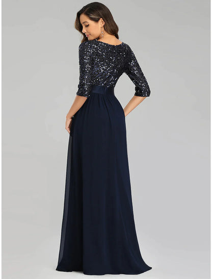 A-Line Elegant Wedding Guest Formal Evening Dress Length Sleeve Floor Length Tulle with Sequin