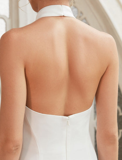 Bridal Casual Open Back Wedding Dresses Satin With Pleats