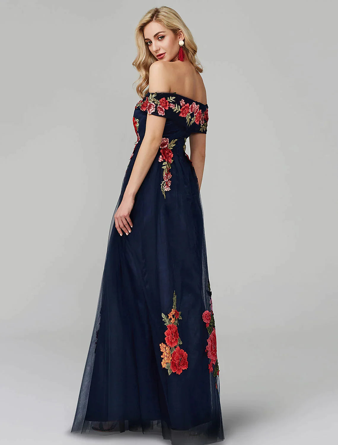A-Line Prom Dresses Dress Wedding Guest Floor Length Sleeveless Off Shoulder Lace Over Tulle with Embroidery Appliques