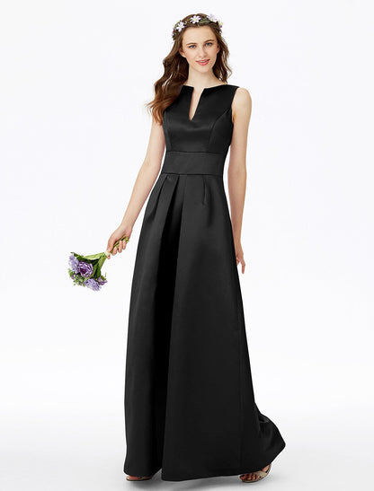 A-Line Bridesmaid Dress Notched Sleeveless Elegant Floor Length Satin with Pleats Pocket