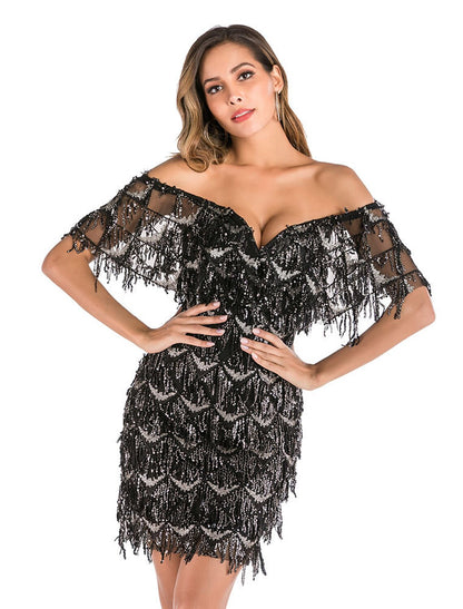 Party Dresses Flapper Dress Party Wear Knee Length Short Sleeve V Neck Sequined Backless with Sequin Tiered