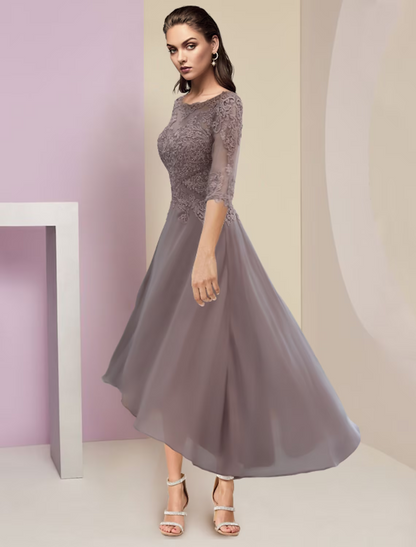 Two Piece A-Line Mother of the Bride Dress Formal Wedding Guest Party Elegant Scoop Neck Asymmetrical Chiffon Lace Sleeve Wrap Included with Beading Appliques