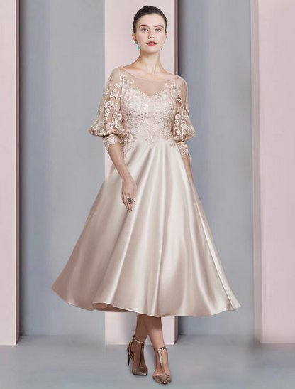 A-Line Mother of the Bride Dress Formal Elegant Scoop Neck Length Satin Lace Sleeve with Appliques