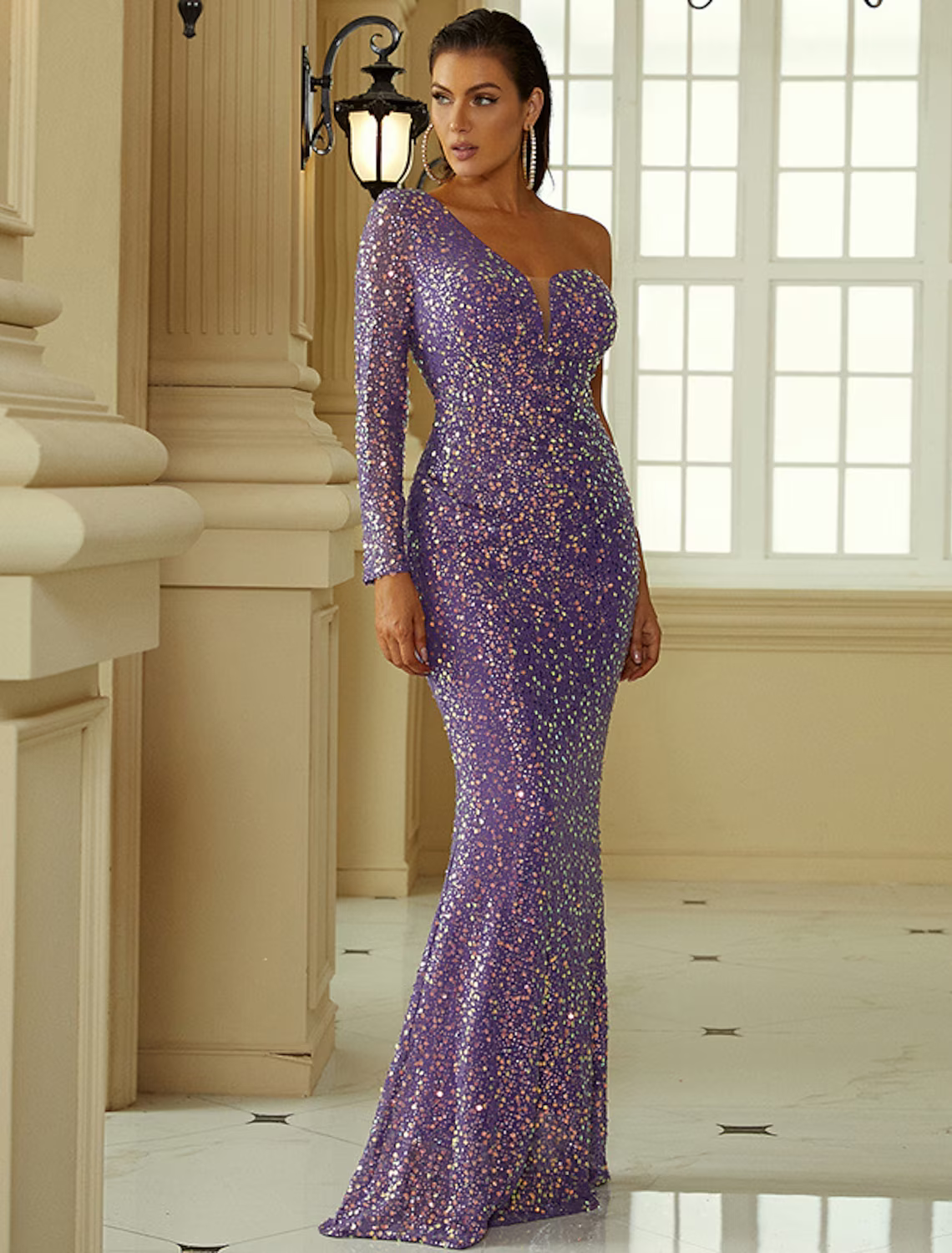 Evening Gown Sexy Dress Formal Floor Length Long Sleeve One Shoulder Polyester with Sequin