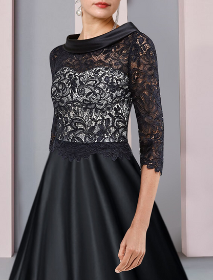 A-Line Mother of the Bride Dress Formal Wedding Guest Party Elegant Satin Lace Half Sleeve with Pleats Appliques