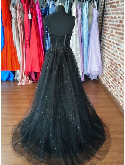 A-Line Prom Dresses Dress Graduation Floor Length Sleeveless Scoop Neck Tulle with Slit