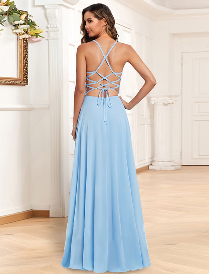 A-Line Prom Dresses Floral Dress Holiday Floor Length Sleeveless V Neck Chiffon Backless with Slit Appliques
