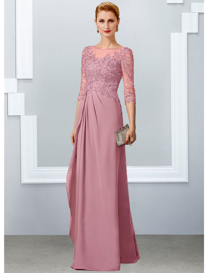 A-Line Mother of the Bride Dress Elegant Floor Length Chiffon Lace Half Sleeve with Appliques