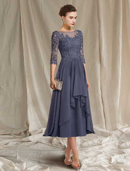 A-Line Mother of the Bride Dress Elegant Floor Length Chiffon Lace Half Sleeve with Pleats