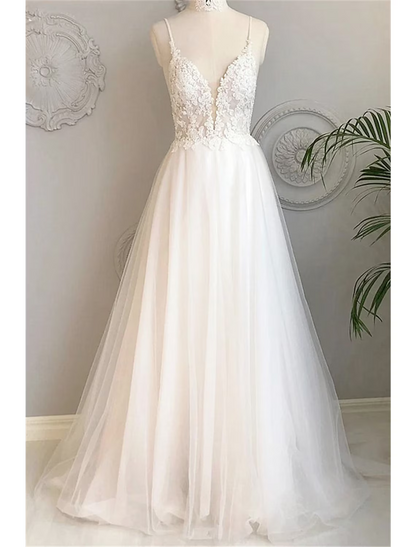 Beach Wedding Dresses A-Line Sleeveless Strap Lace With Buttons Appliques