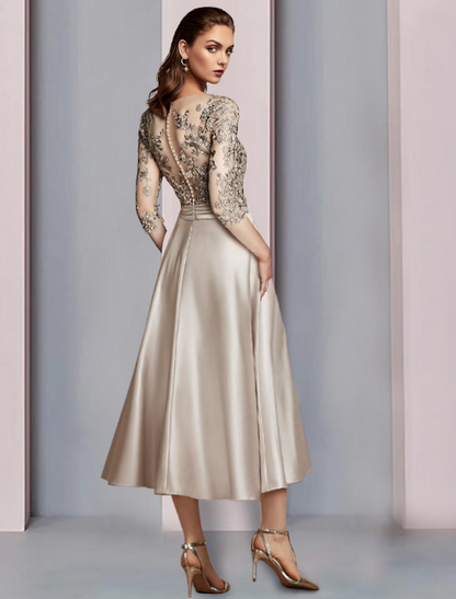 A-Line Mother of the Bride Dress Wedding Guest Elegant V Neck Length Satin Lace Half Sleeve with Pleats Appliques