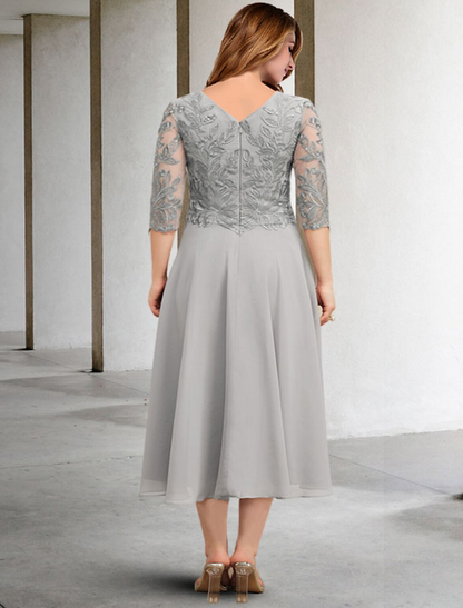 A-Line Plus Size Curve Mother of the Bride Dresses Elegant Dress Formal Length Sleeve Chiffon with Sequin Appliques