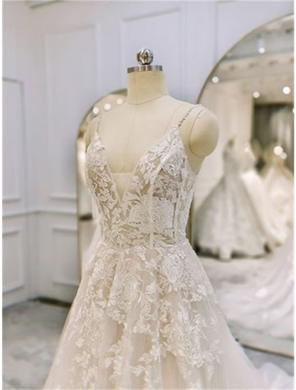 Engagement Formal Wedding Dresses  A-Line Sleeveless Strap Lace With Ruffles Appliques