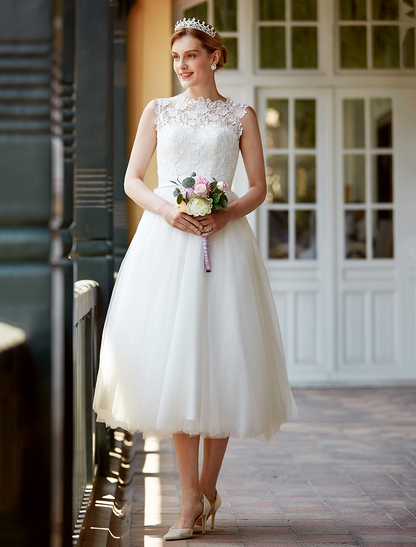 Little White Dresses Wedding Dresses Length A-Line Regular Straps Neck Lace Over Tulle With Buttons
