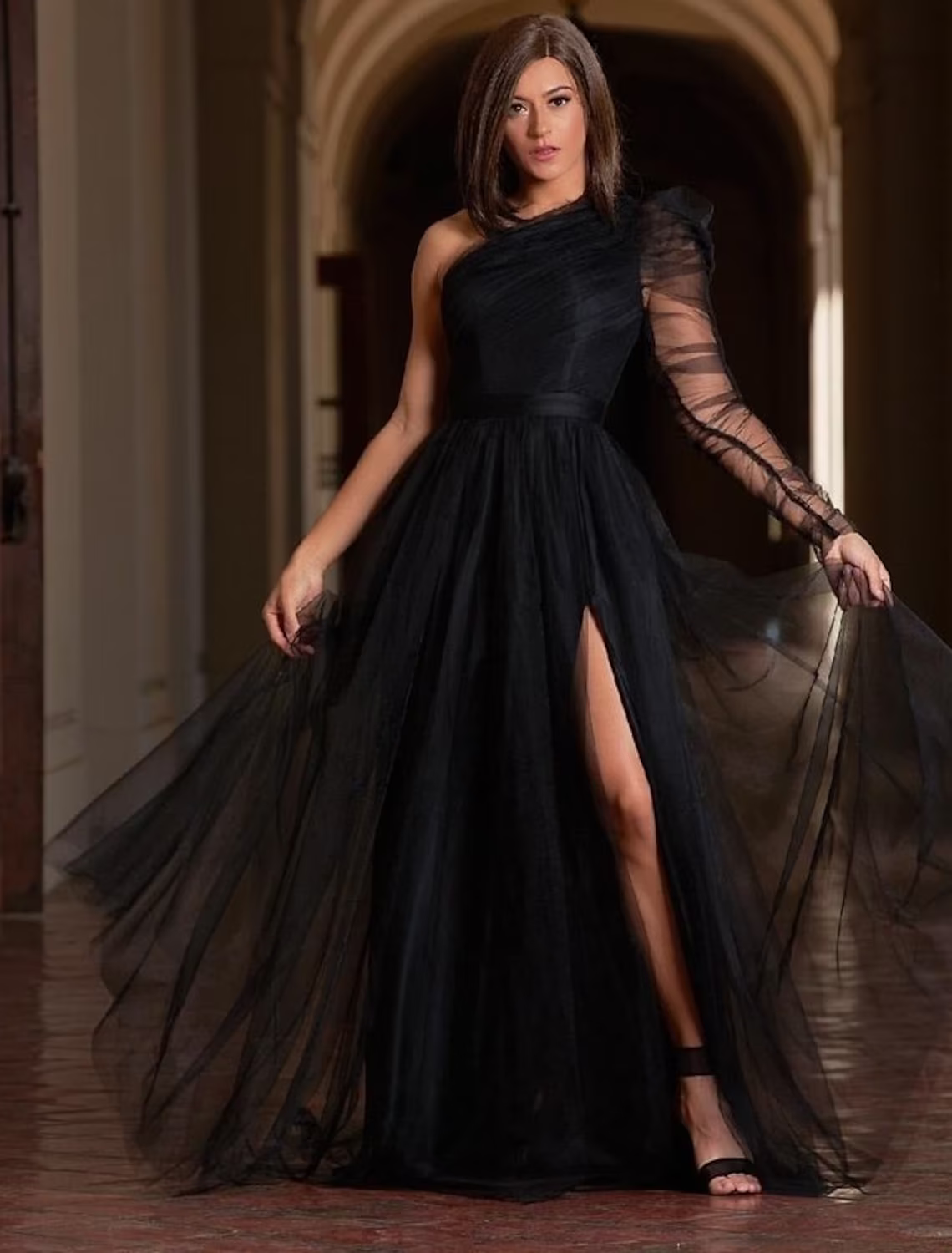 A-Line Prom Dresses Plus Size Dress Wedding Guest Sweep / Brush Train Long Sleeve One Shoulder Wednesday Addams Family Tulle with Slit Pure Color
