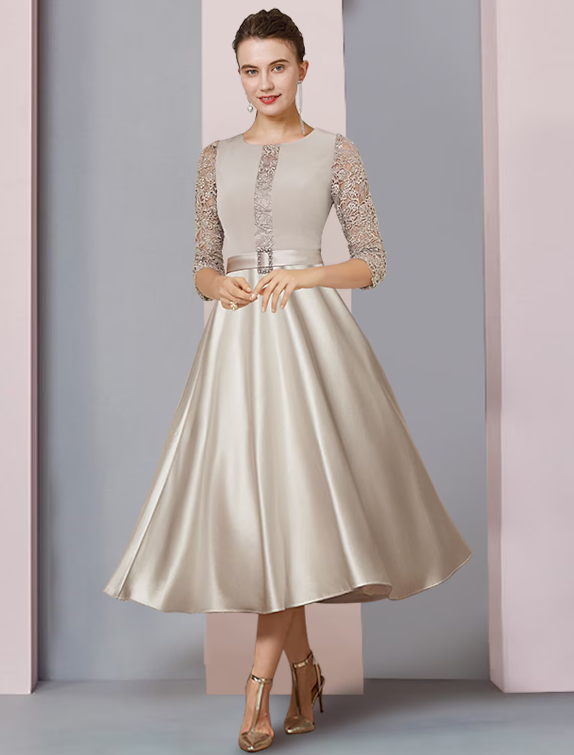 A-Line Mother of the Bride Dress Formal Wedding Guest Party Elegant Scoop Neck Satin Lace Half Sleeve with Crystal Brooch