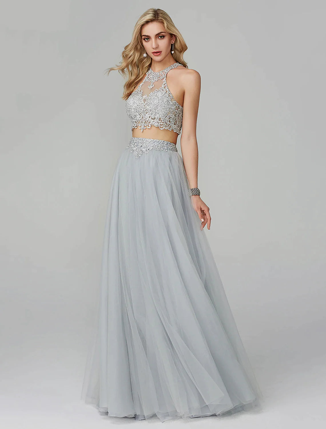 Two Piece Empire Prom Formal Evening Dress Halter Neck Sleeveless Floor Length Lace with Appliques