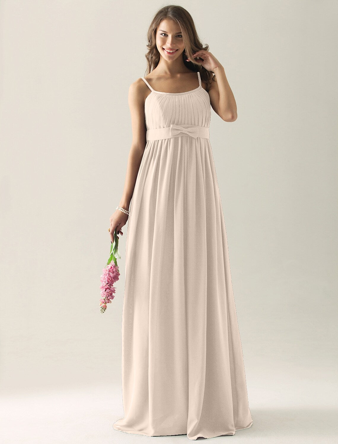 A-Line Bridesmaid Dress Strap Sleeveless Floor Length Chiffon with Bow(s) Pleats