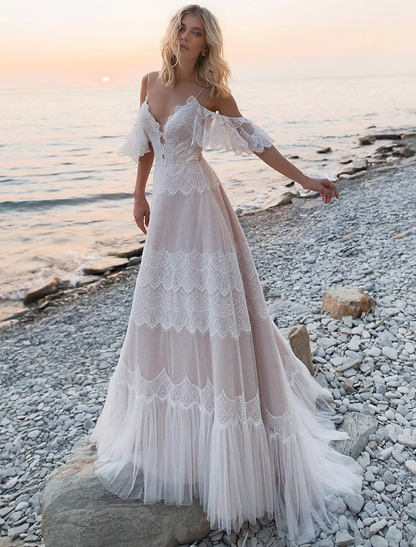 Beach Open Back Wedding Dresses Train A-Line Short Sleeve V Neck Lace With Lace
